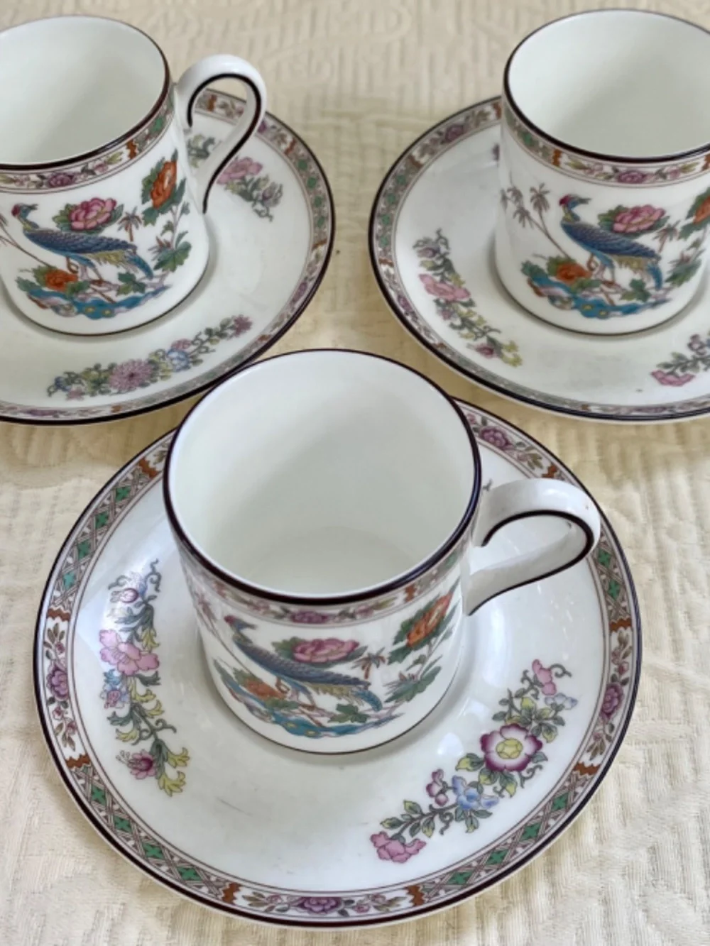 Wedgwood Bone China Coffee Cups. English Kutani Crane Espresso Set of 3. New.
